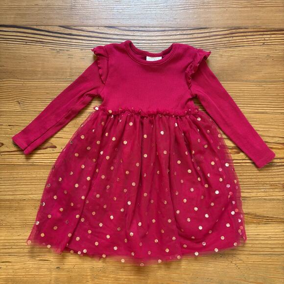 Madison Layne red ribbed gold polka dot long sleeve tutu dress SIZE 4T - Picture 1 of 5